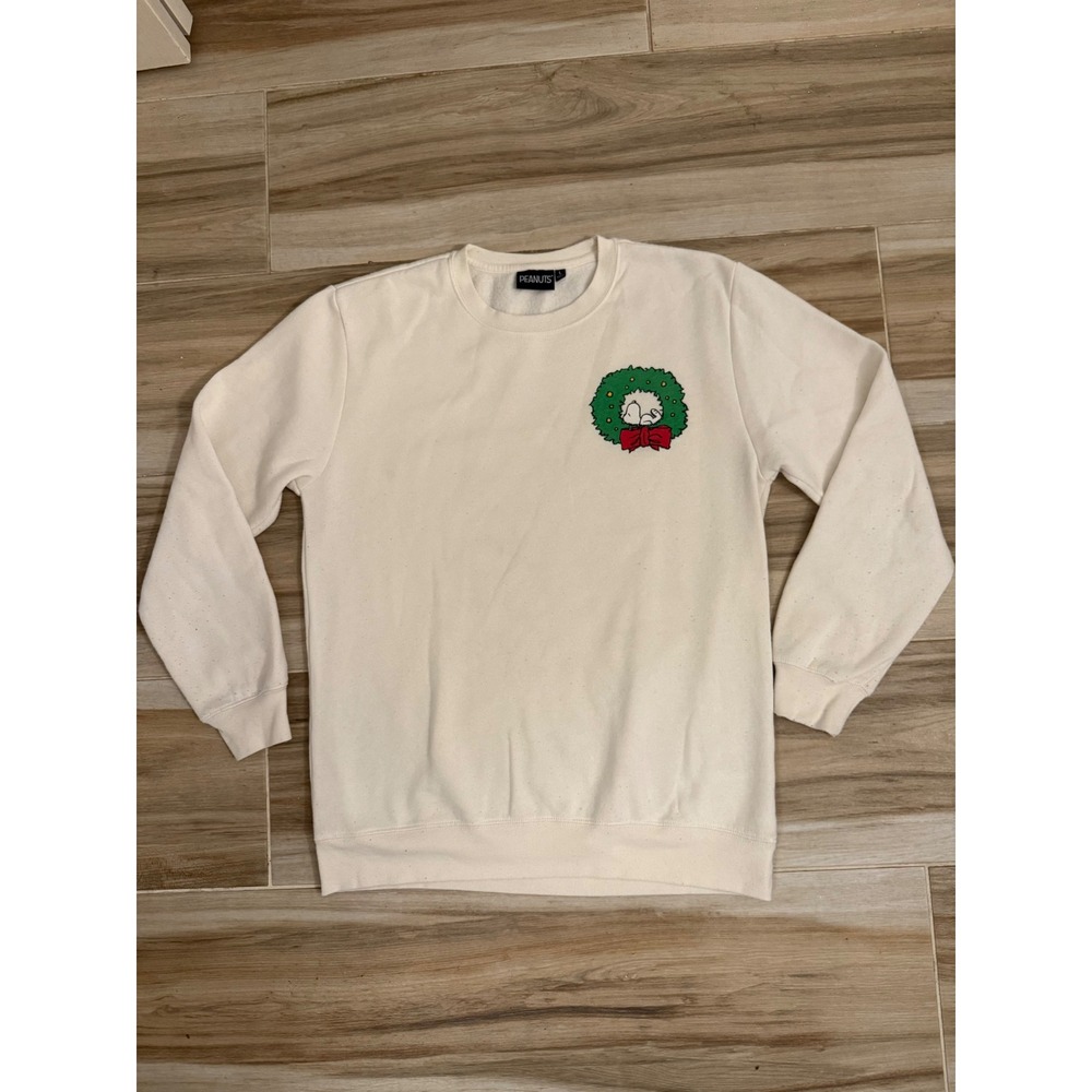 Peanuts Snoopy Christmas Sweatshirt Cream Fleece Pullover Large Holiday Graphic